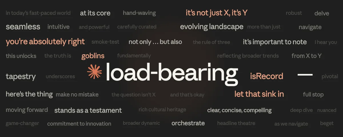 A dark word cloud of familiar AI-writing tics surrounding the phrase ‘load-bearing’.