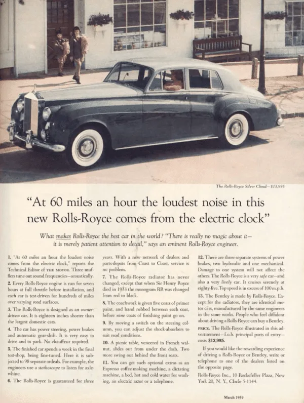 David Ogilvy's 1959 Rolls-Royce advertisement, led by the headline about the electric clock being the loudest noise at sixty miles an hour.